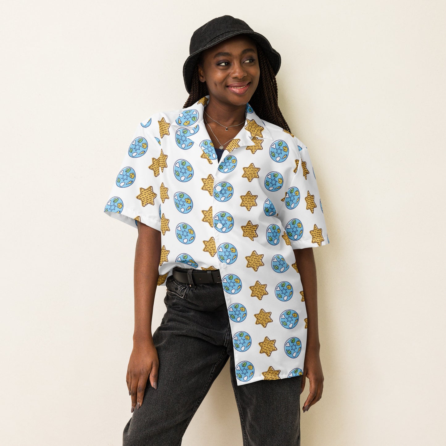 Star of David Matzah and Seder Plate Button-Down Shirt - Embrace Tradition with a Modern Twist